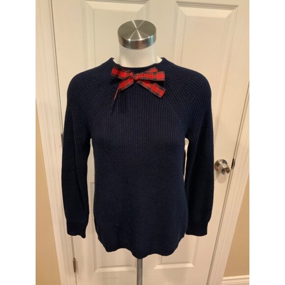 J. Crew Mercantile Navy Blue Knit High Neck Sweater W/ Red Plaid Bow, Size XS - Picture 1 of 6
